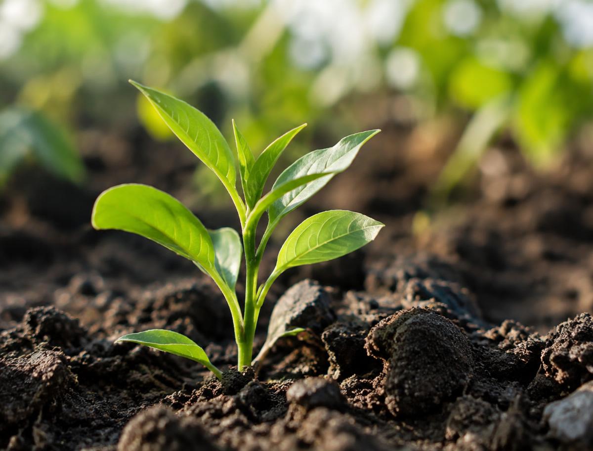 Young green plant seedling emerging from rich soil
